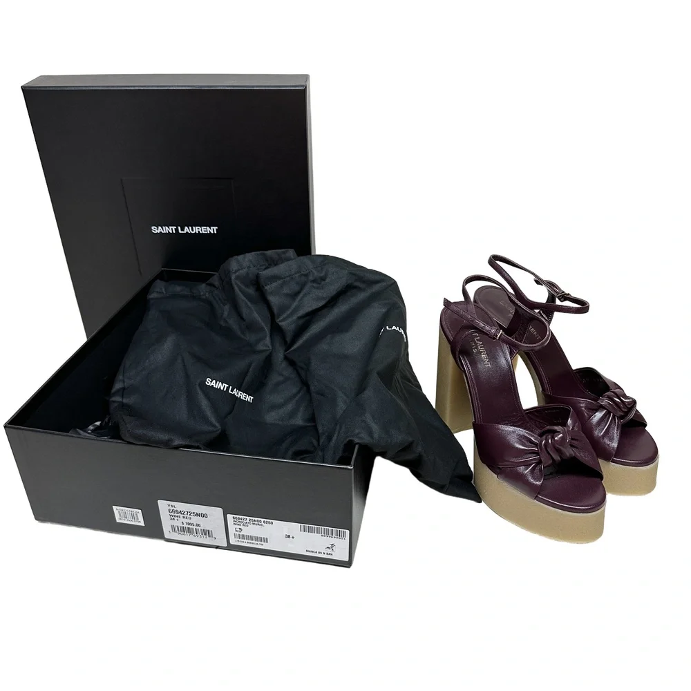 Saint Laurent Bianca Sandal Rubber Platform Knotted Leather Burgundy Wine Red 38 - Picture 10 of 12